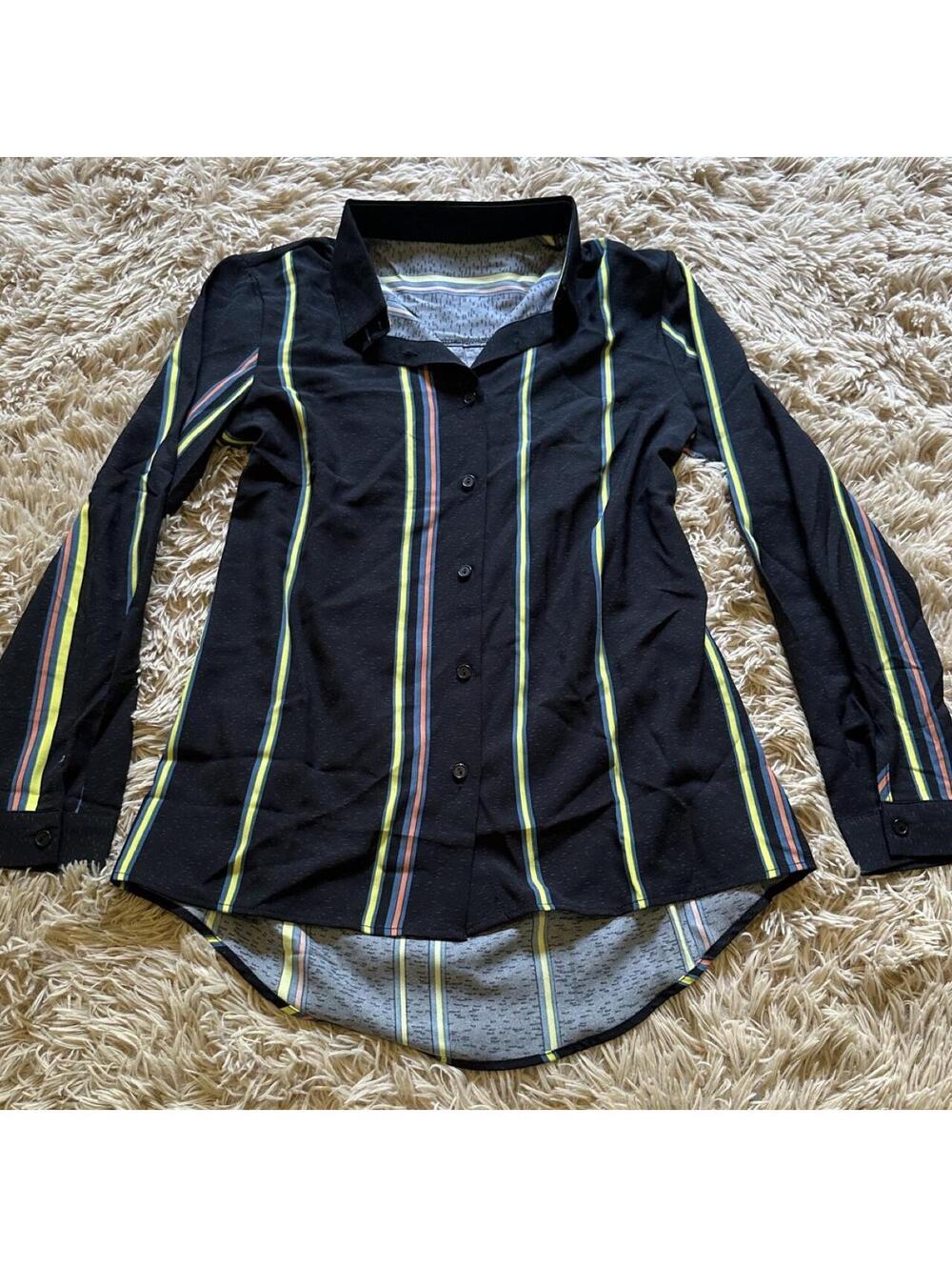Black Button-Up Shirt with Yellow and Pink Vertical Stripes - Size Small